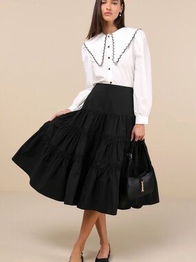 Lulus darling flourish Black Tiered high rise Midi Skirt size small